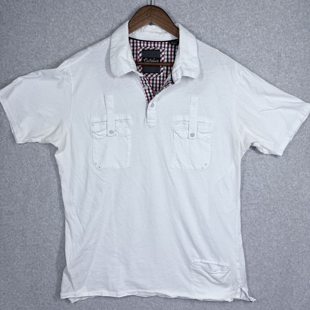 Civil Society Polo Shirt Mens XL White Good Plaid Trim Triple Pockets Cotton